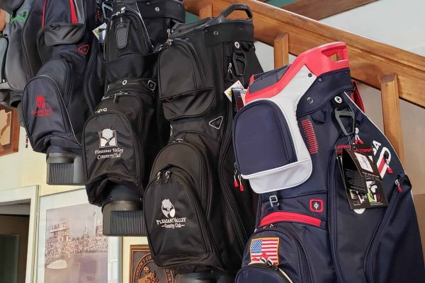 pro shop golf bags on stairs